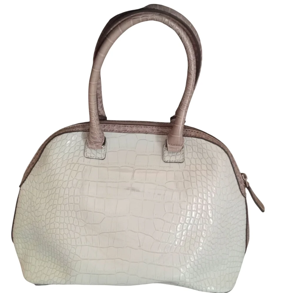 G By Guess Satchel Bag in cream, gray, and brown with a crocodile print